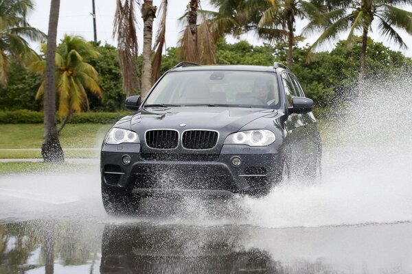 BMW car leaves splashes