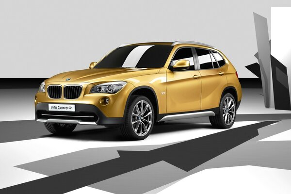 Auto di marca BMW color oro vista frontale con lato