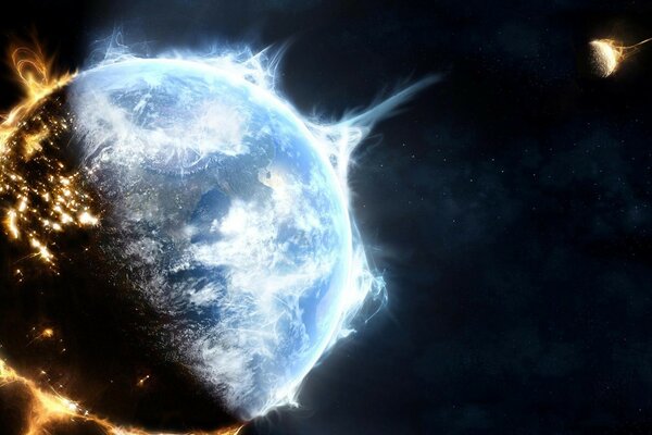 نصف الكوكب على النار والضوء الجليدي