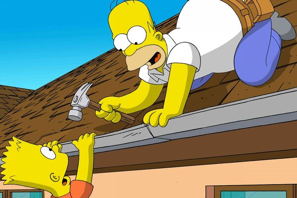 Cartoon characters decided to repair the roof of the house