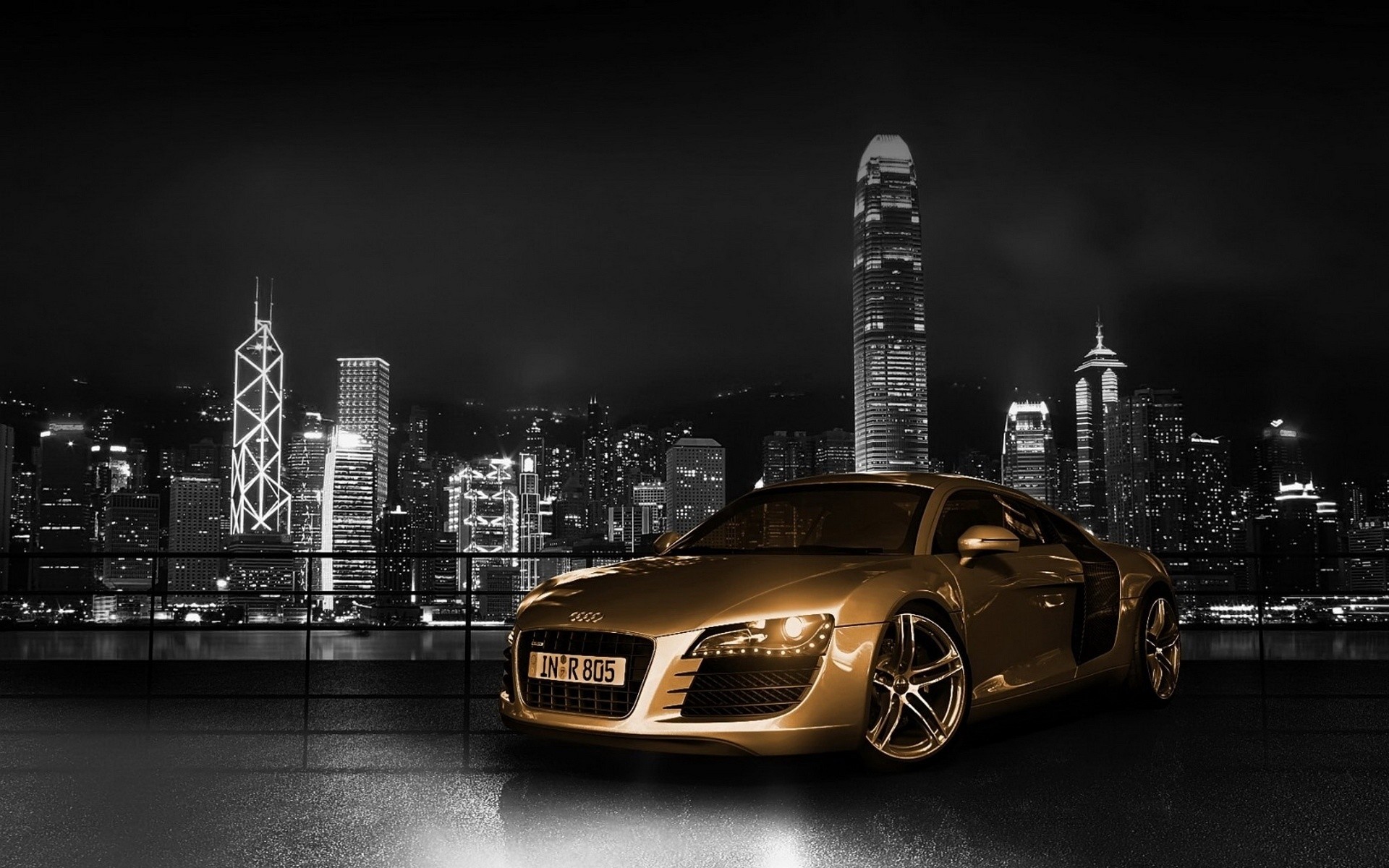 audi city car street monochrome travel skyline urban architecture downtown cityscape sunset building light road audi r8