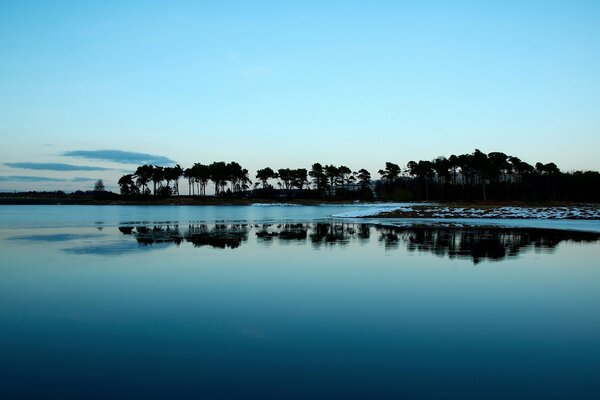 O lago, o reflexo das árvores nele, o crepúsculo