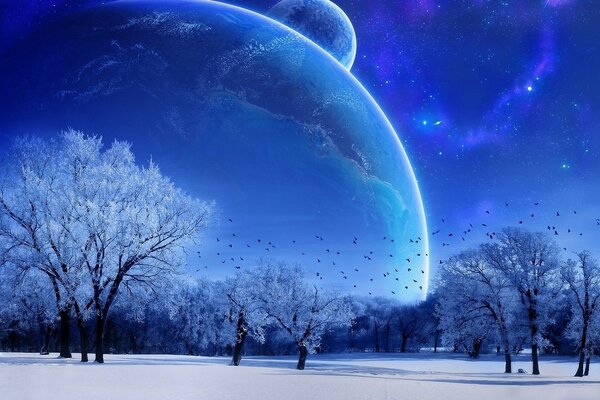 Winter landscape. Snow canvas. Birds above the trees. Planets in the sky