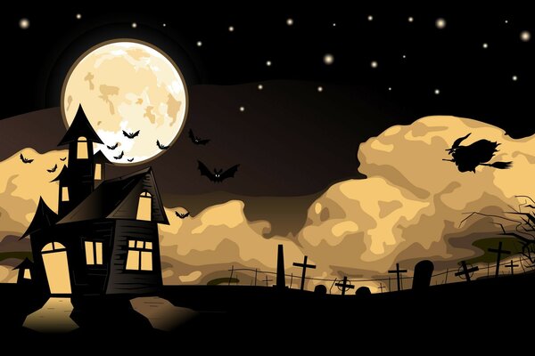 Ilustración de Halloween en estilo de dibujos animados en el fondo de la Luna