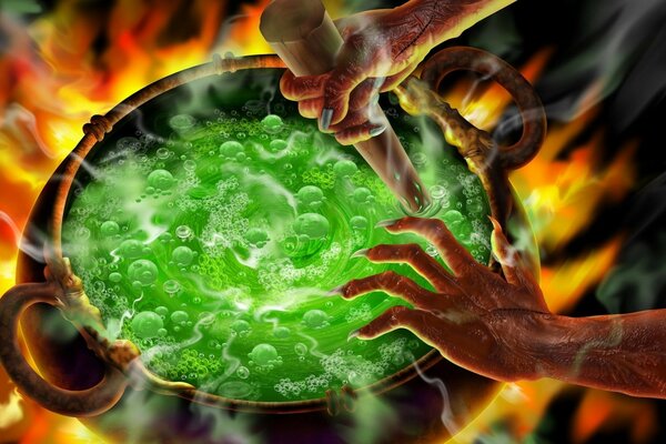 A vat of green brew over a flame