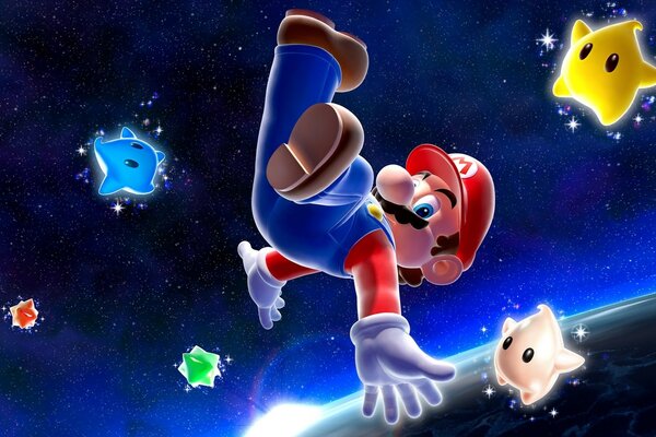 Mario con las estrellas en el espacio