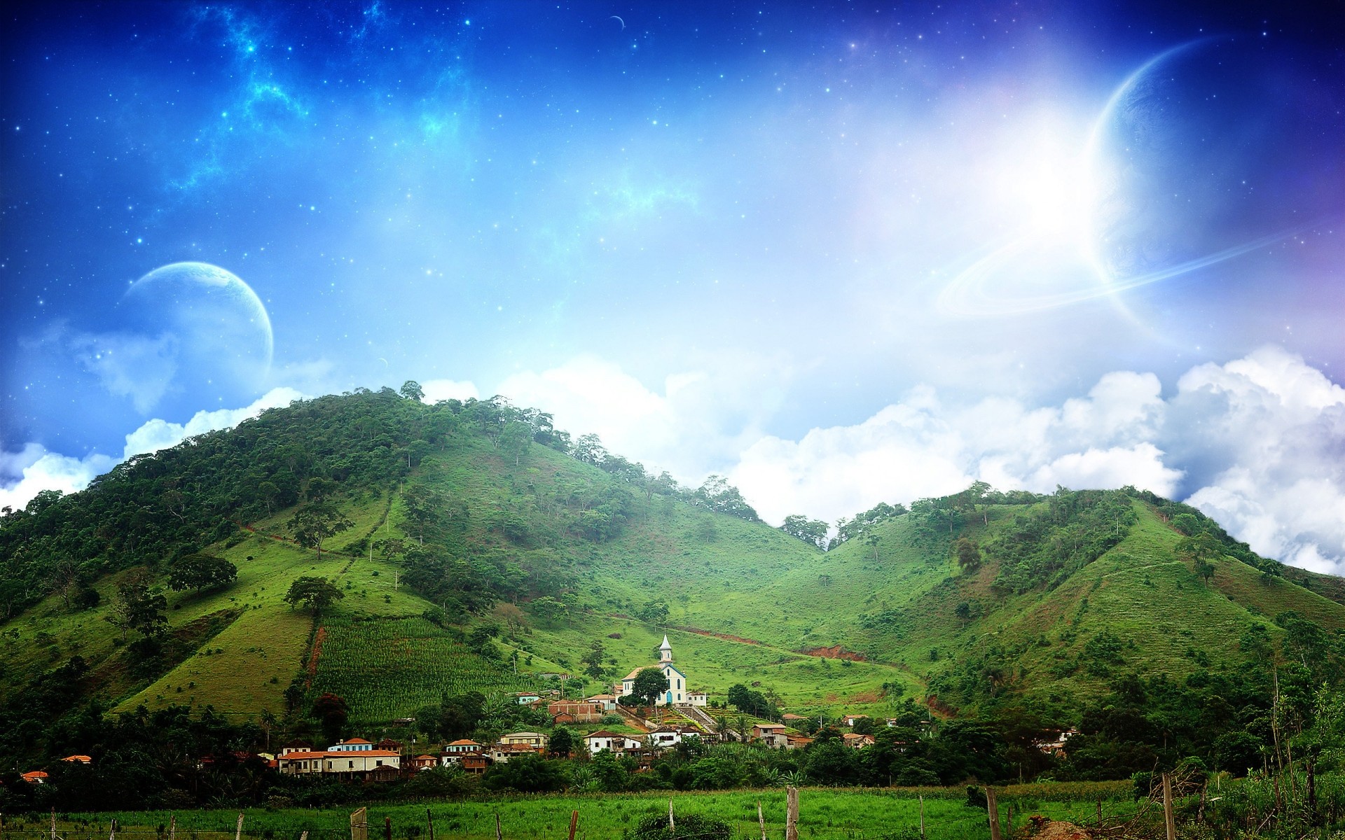 风景 自然 景观 山 天空 山 旅游 太阳 树 夏天 草 奇观 风景如画 美丽 户外 好天气 干草制作 房子 教堂 背景