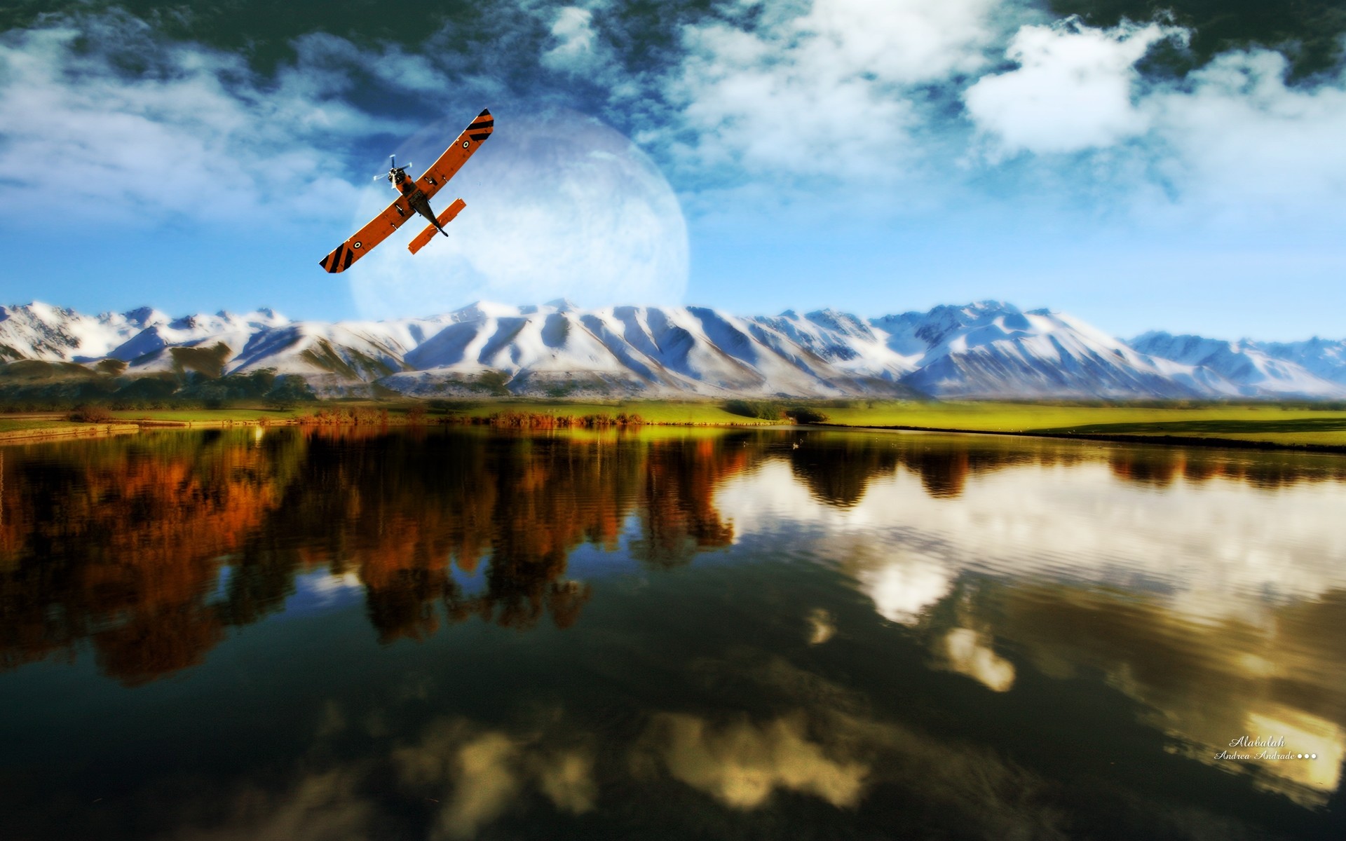 photo manipulation water lake reflection landscape sky mountain outdoors snow travel dawn sunset