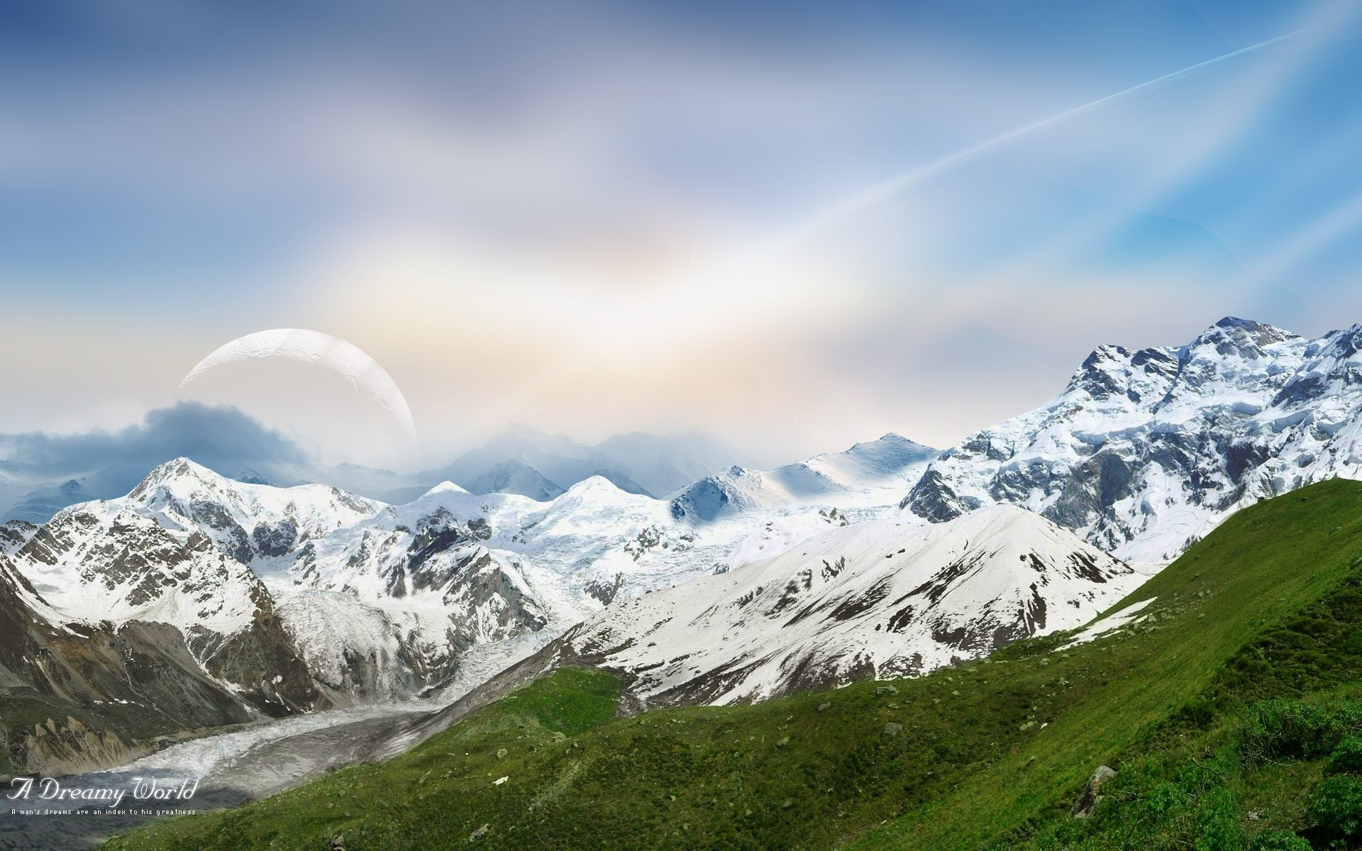 photo manipulation mountain snow landscape travel mountain peak nature sky high glacier mountains grass field