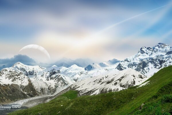 Viaje paisaje de montaña en la nieve