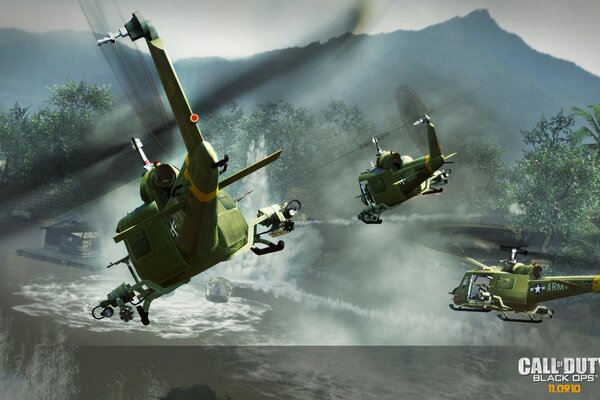 Tres helicópteros militares de call of duty vuelan sobre el agua