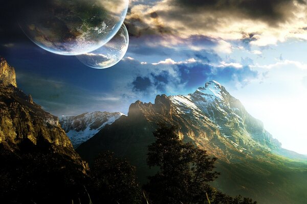 Fascinating mountains, a parade of planets. Nature landscape