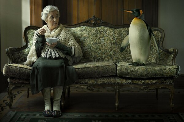 Granny with a penguin eats soup on the couch