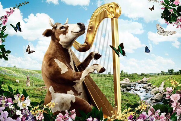 A happy cow plays the harp