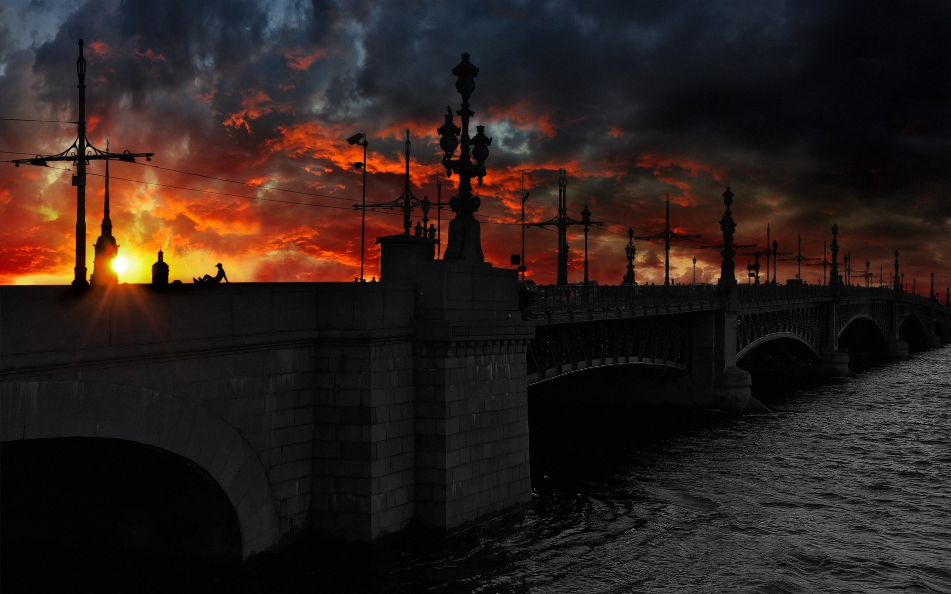 russland sonnenuntergang brücke silhouette rauch dämmerung stadt himmel flamme turm fluss wasser licht abend reisen