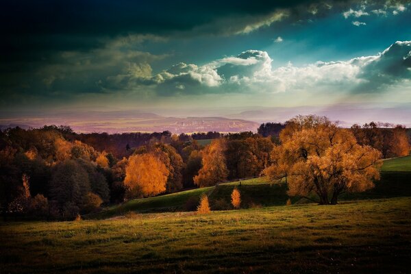 Autumn evening landscape. Sunset