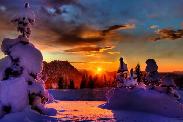 Märchenhafter Sonnenuntergang im Winter bei Frost