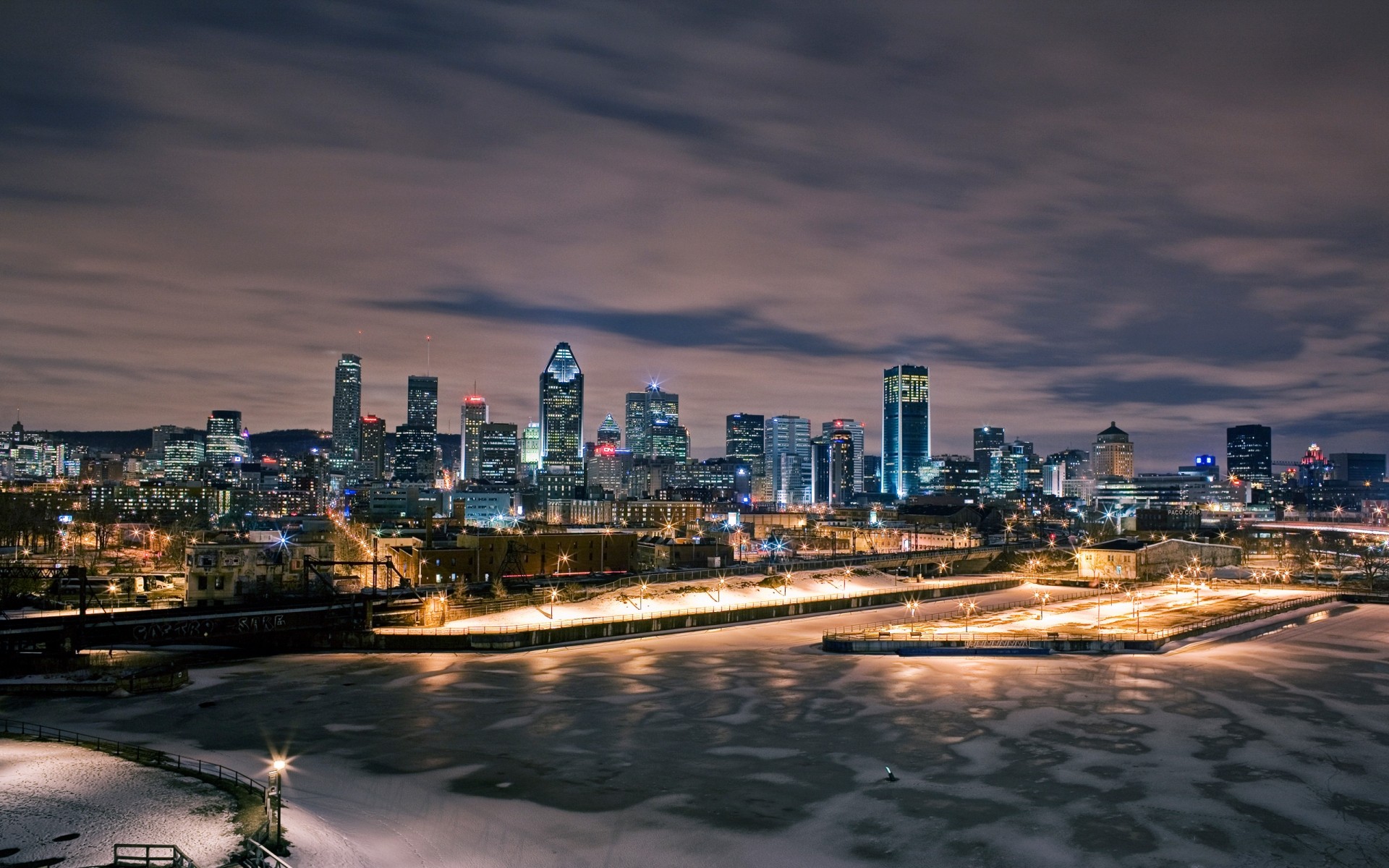 landscapes city cityscape skyline downtown travel architecture skyscraper sunset dusk water sky building urban evening river bridge traffic harbor waterfront canada winter