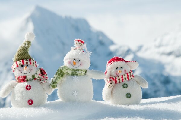 Funny cute snowmen in hats