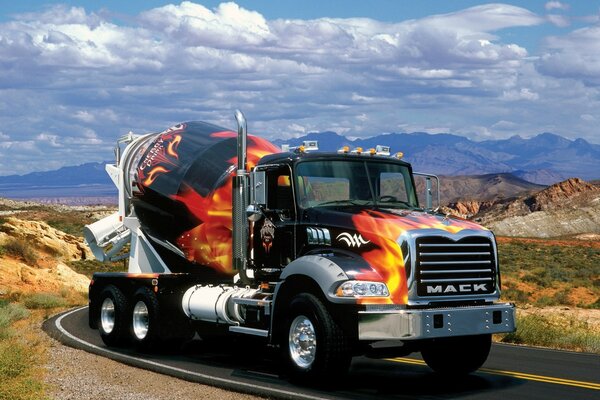 Bright truck in the mountains