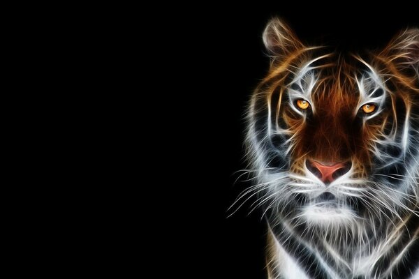 A tiger with glowing eyes. Computer graphics