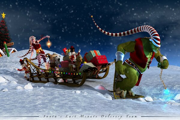 Sleigh with gifts and an elf in the snow