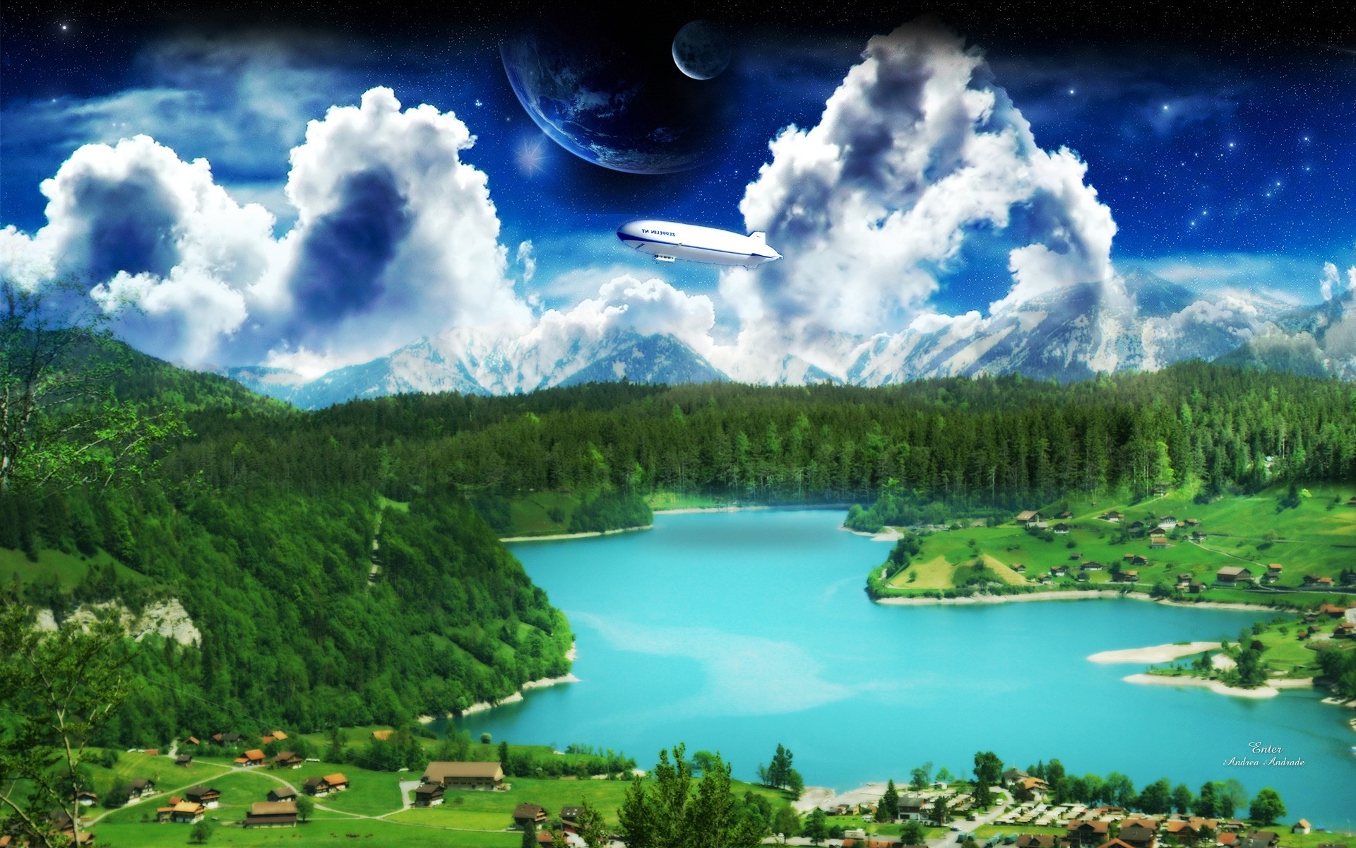 photo manipulation water travel lake landscape nature outdoors tree sky scenic summer mountain daylight mountains forest planets plane village