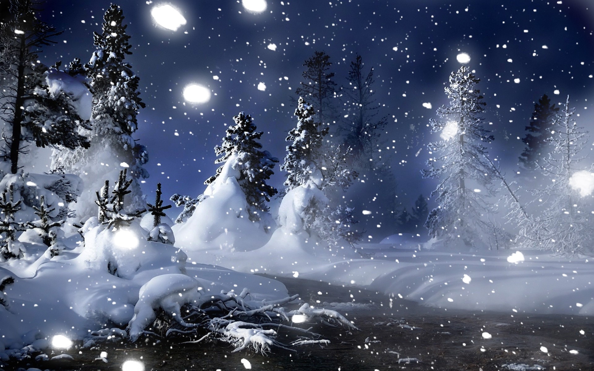 paisaje nieve invierno navidad frío luna bosque árboles parque blanco estrellas