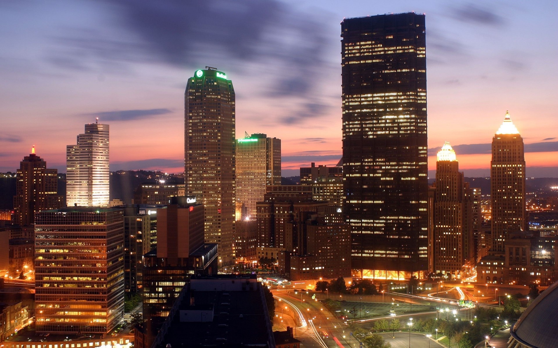 united states downtown architecture city skyscraper dusk cityscape skyline travel traffic building evening business sunset tall sky illuminated urban tower finance night