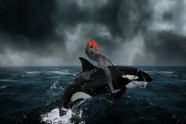 Photo processing of a woman riding a killer whale