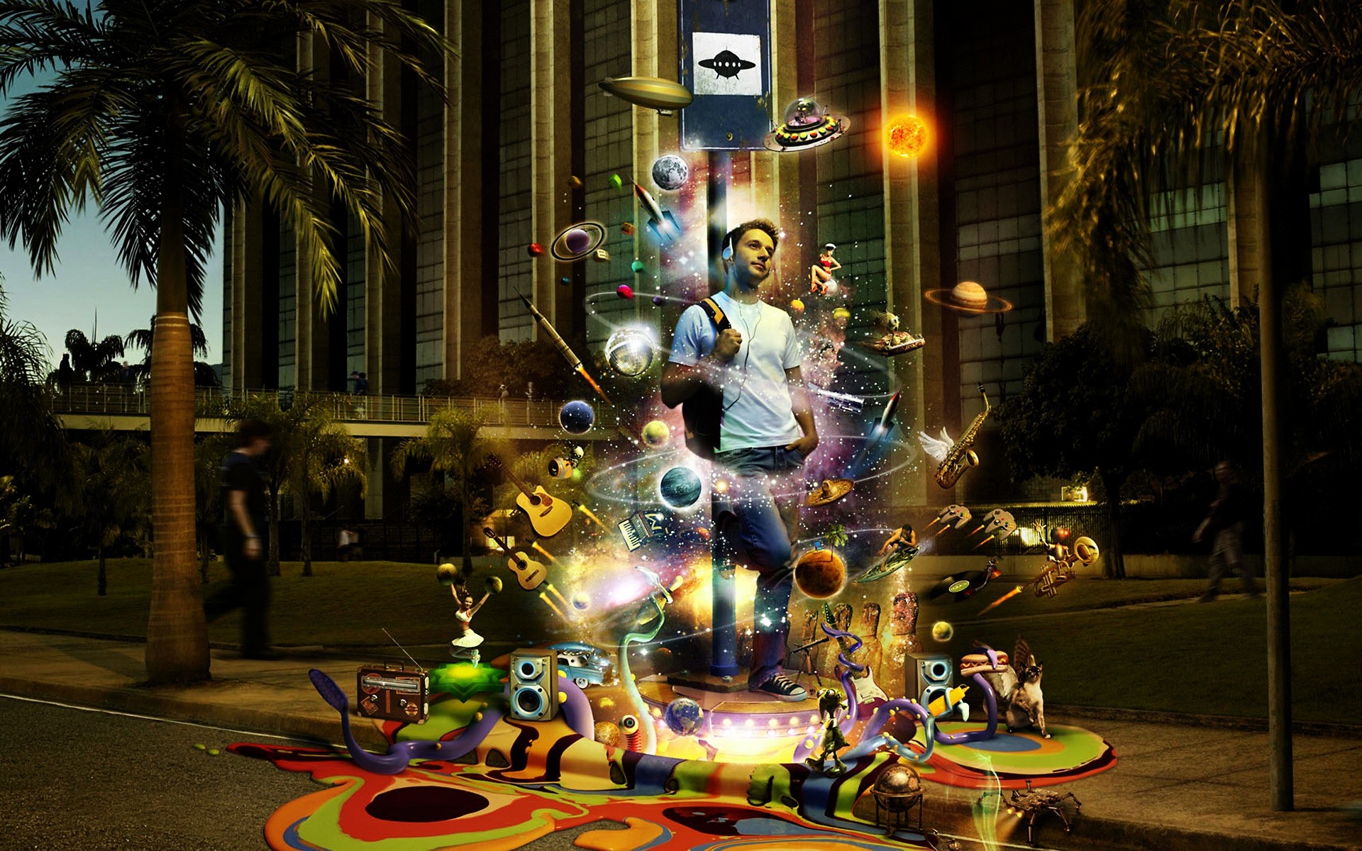 photo manipulation street city fun group festival road light celebration theme evening man picture photo