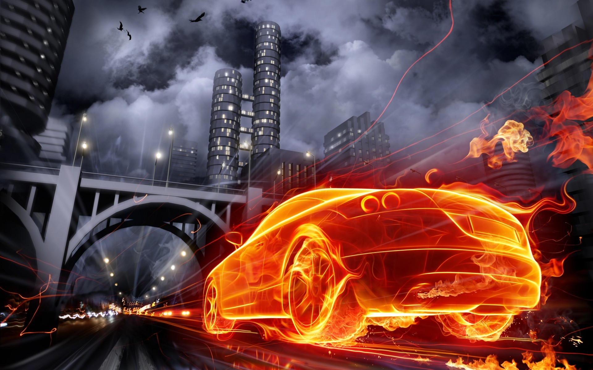 photo manipulation flame smoke heat fuel hot danger luminescence motion city car towmn bridge photo