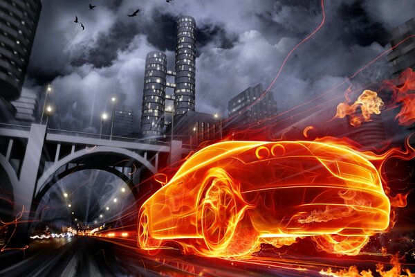 A fiery car rushes through the city