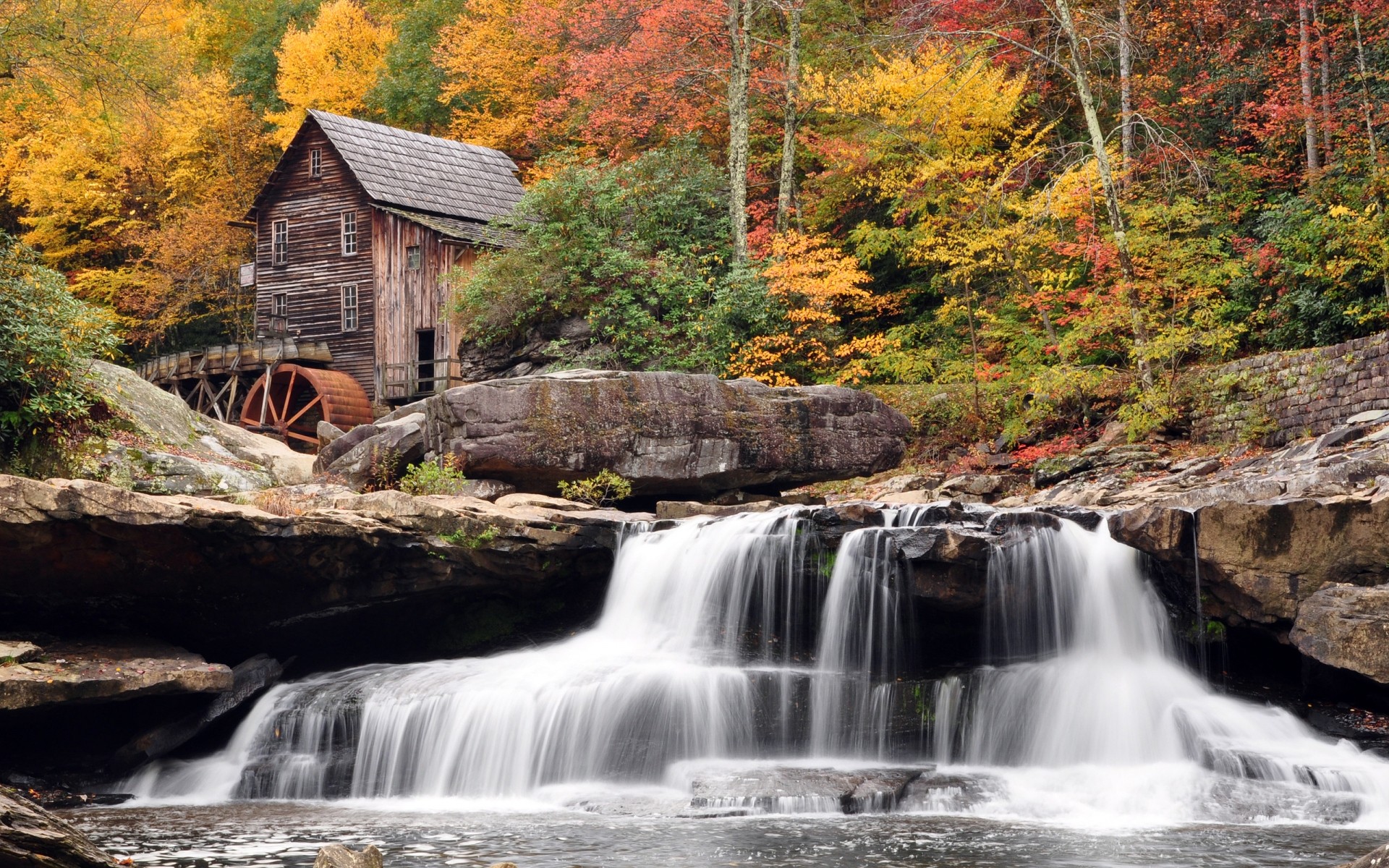 autumn waterfall water fall river stream cascade wood nature flow creek rock rapids leaf landscape outdoors motion travel tree scenic