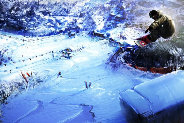 The snowboarder flies high above the base