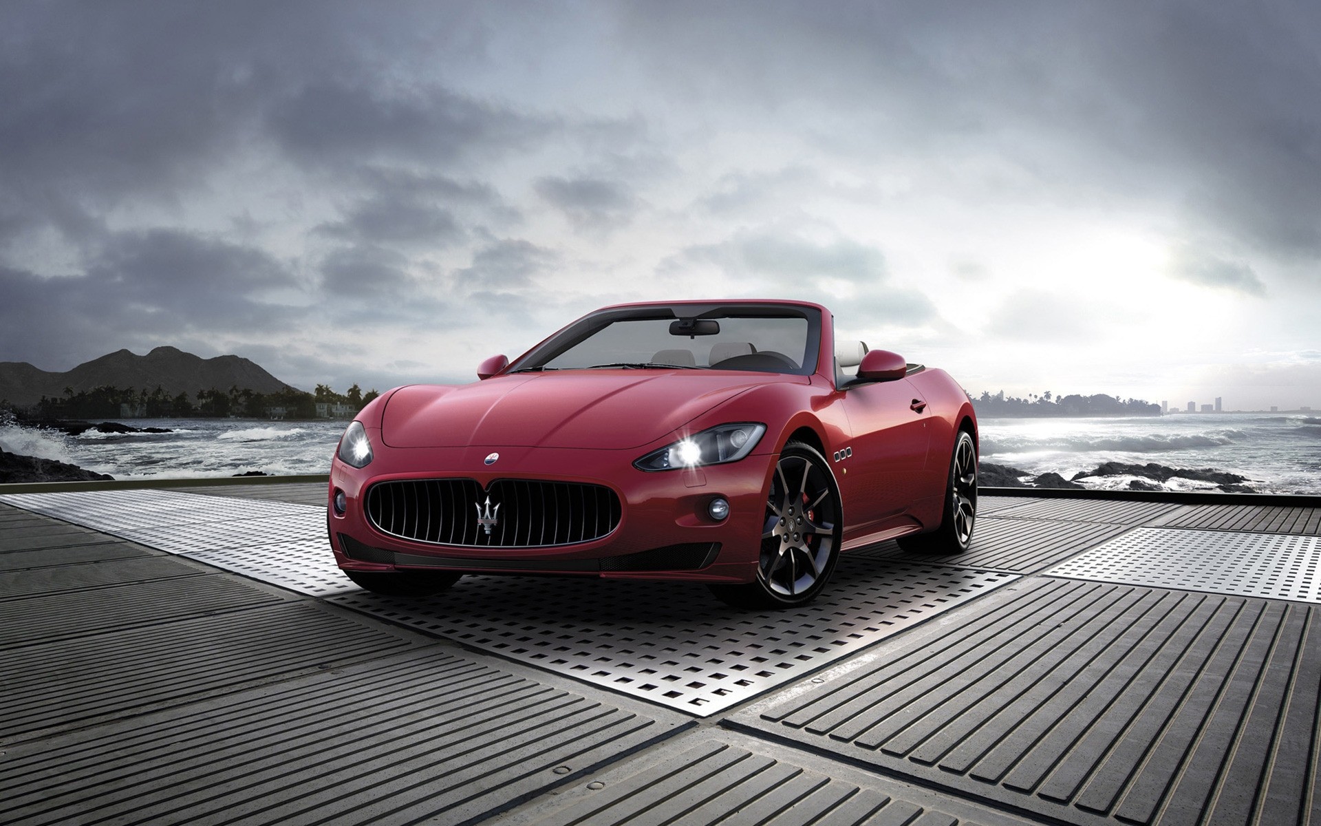 maserati car vehicle transportation system ocean beach sea sunset travel water asphalt maserati grancabrio