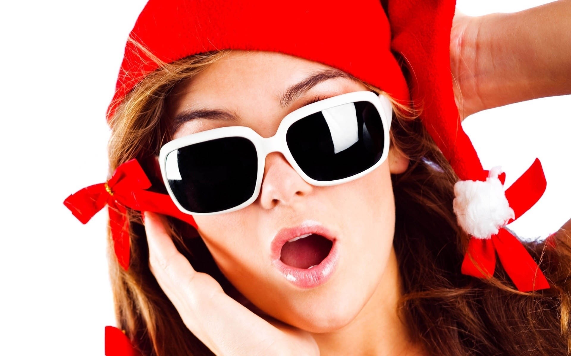 christmas sunglasses fun cute funny child woman young girl joy little surprise pretty portrait