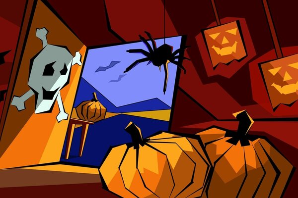 Ilustración de Halloween con calabazas, calavera y araña