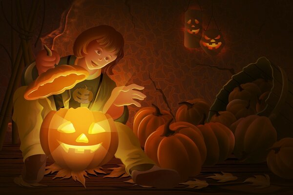 Lanterne di zucca di Halloween e bambina