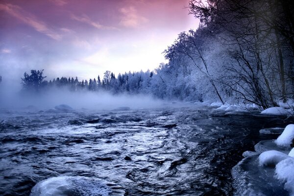 Snowy forest with stormy dark water