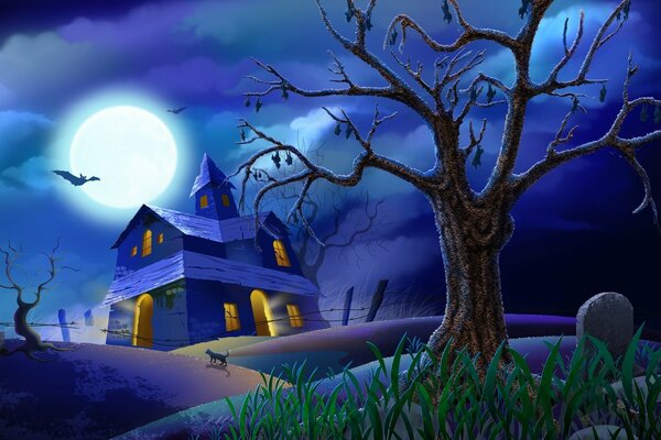 Picture Halloween night full moon house grave Ominously scary