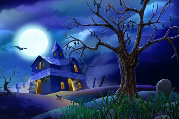 Картинка Хеллоуин ночь полнолуние дом могила зловеще страшно