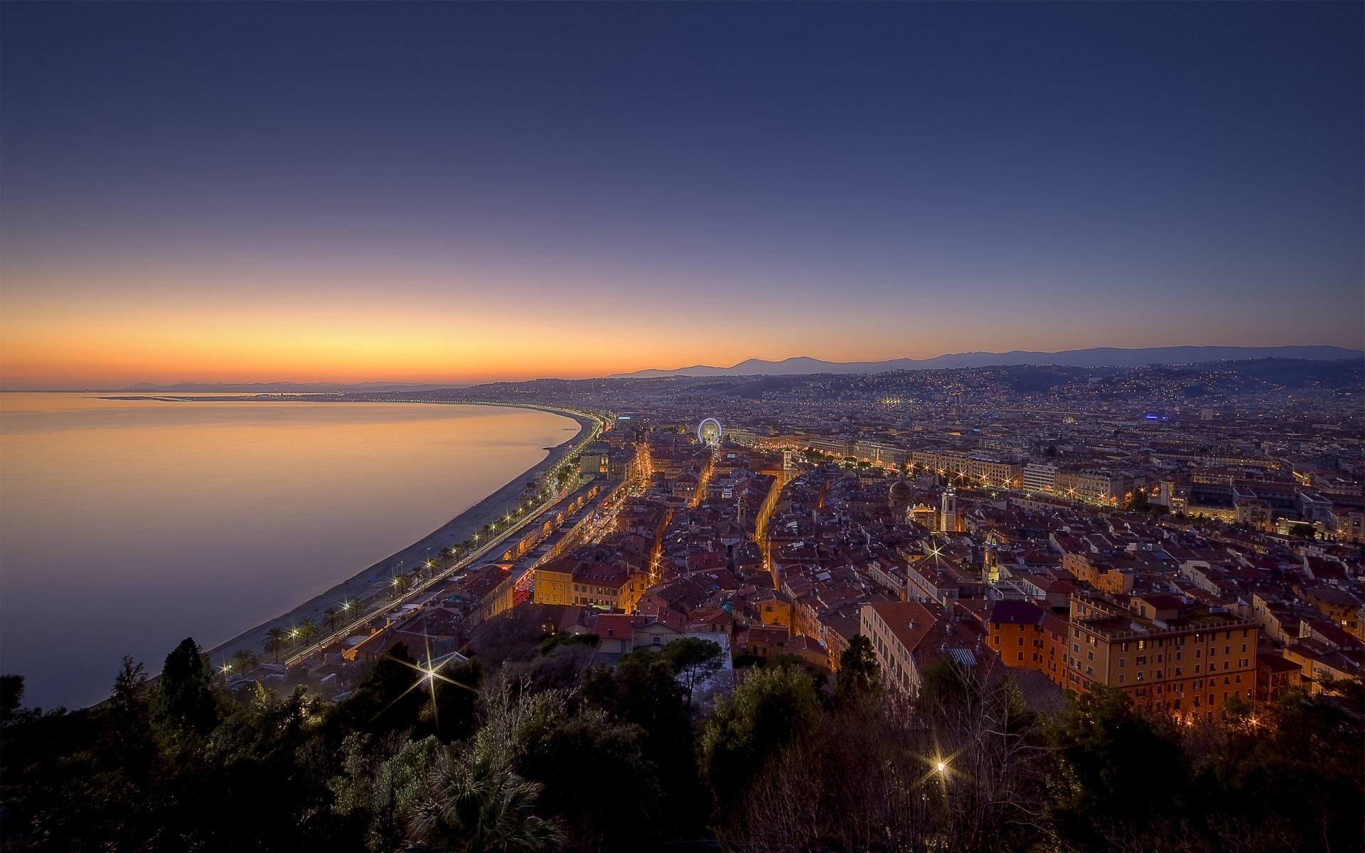 landscapes sunset travel city landscape dusk sky evening water dawn mountain moon outdoors light architecture sea france french riviera high dynamic range lights nice france ocean orange park du chateau photography