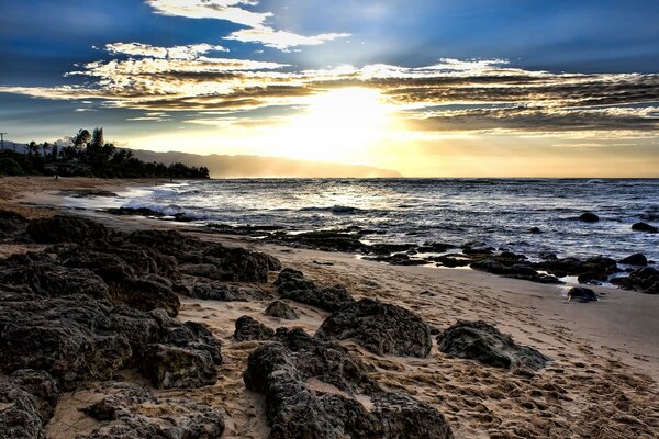 A bright sunset over a calm sea