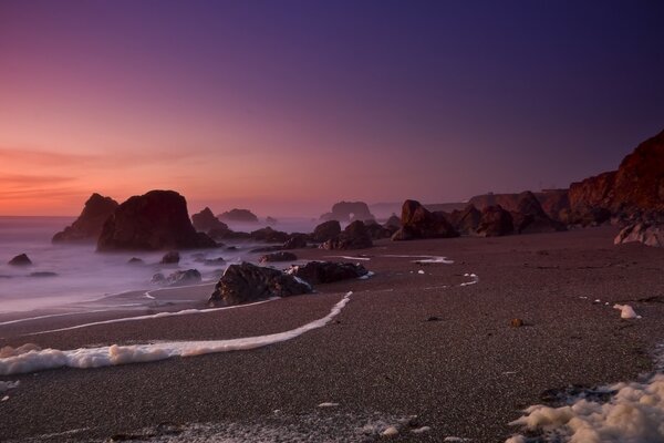 Plage sauvage au coucher du soleil avec de la mousse de mer