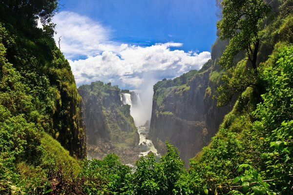 View of the green gorge with waterfalls