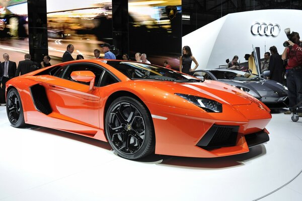 The red Lamborghini car at the exhibition