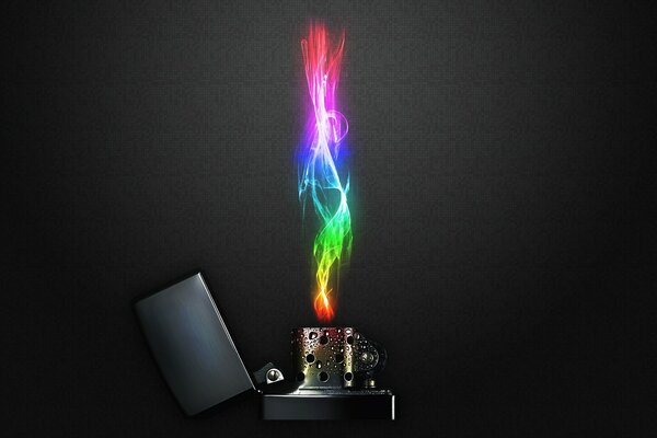 The rainbow flame of a lighter in the dark