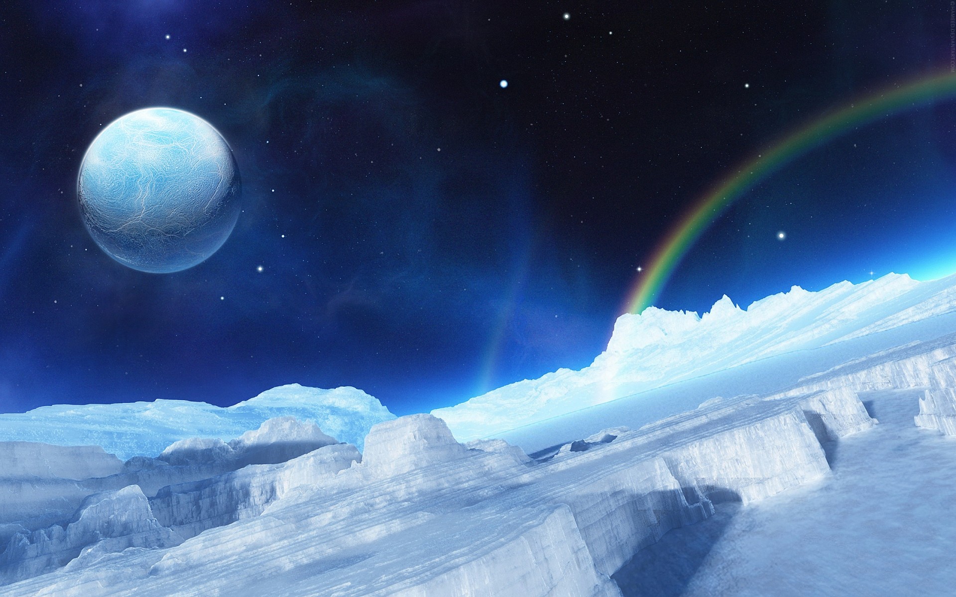 photo manipulation moon astronomy planet space sky ball-shaped winter galaxy exploration atmosphere snow light solar nature astrology sun science landscape ice rainbow