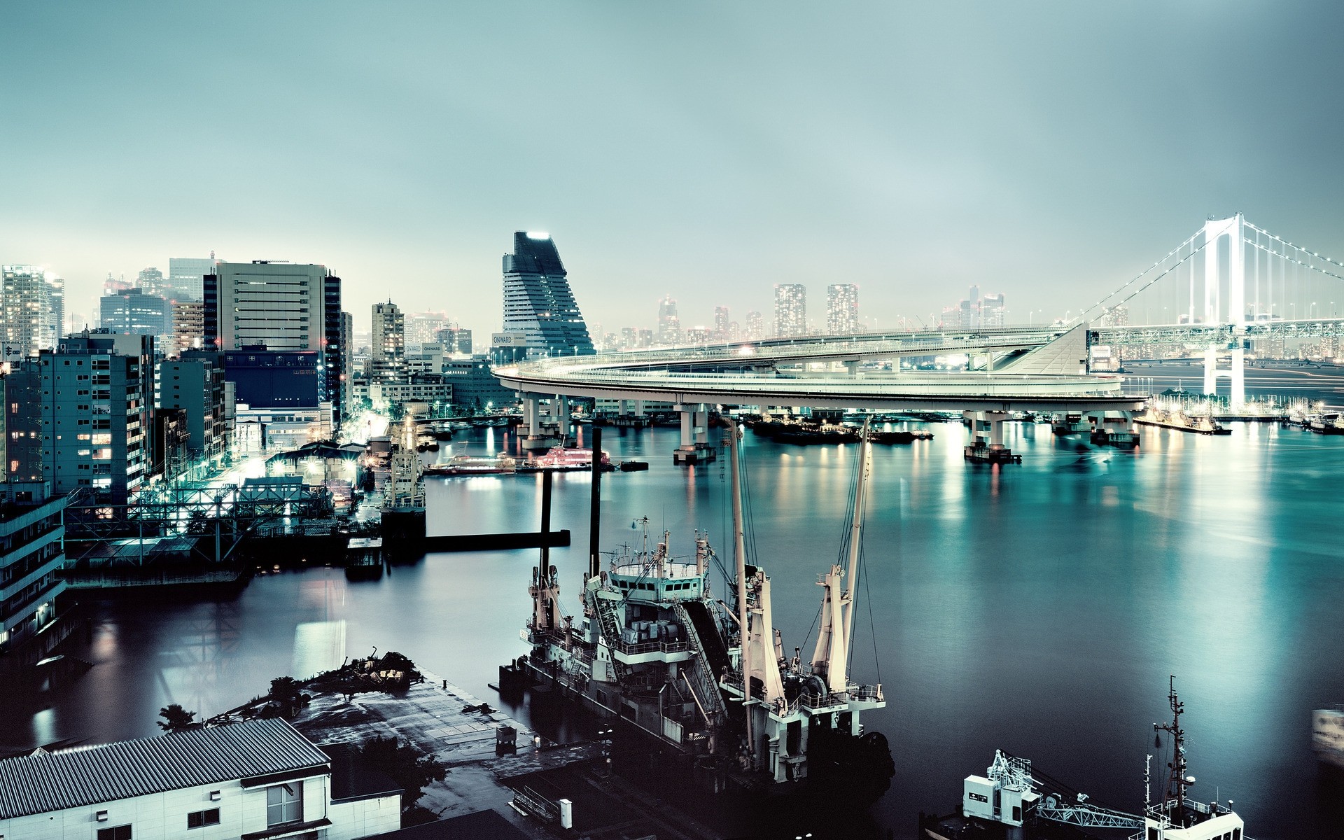 japan city water travel architecture harbor skyline cityscape river bridge watercraft sky building waterfront urban skyscraper transportation system ship pier modern night photo